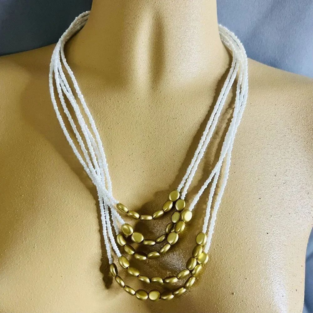 Vintage Necklace Seed Beads Gold  White Multi Strand 1096